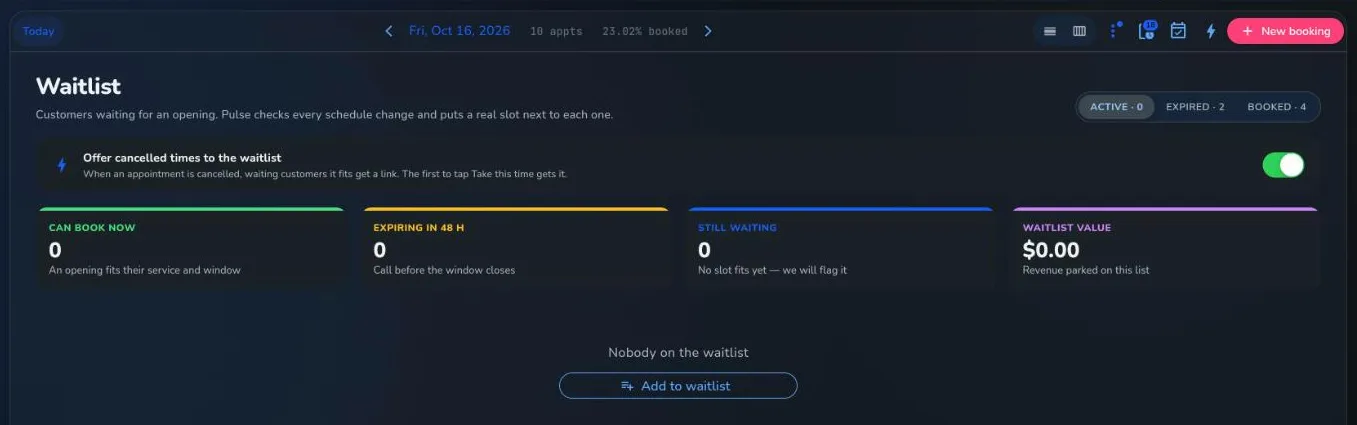 The Booking waitlist page with the switch to offer cancelled times to the waitlist turned on