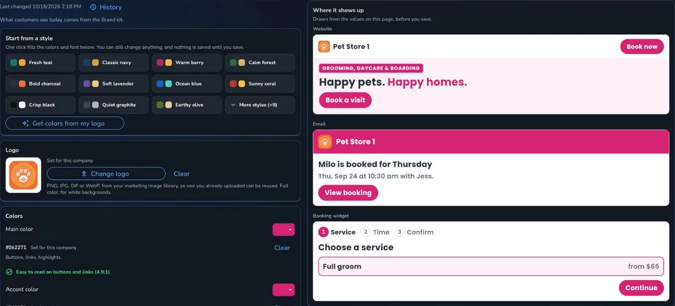 The Brand kit: ready-made styles, logo and colors, with a live preview of the website, an email and the booking widget
