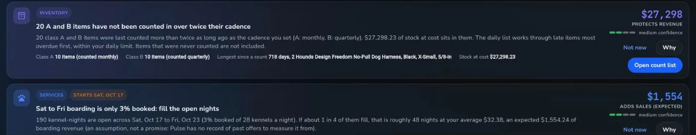 The Command Center inbox: ranked action cards, each with a dollar value, a Why button and an action button