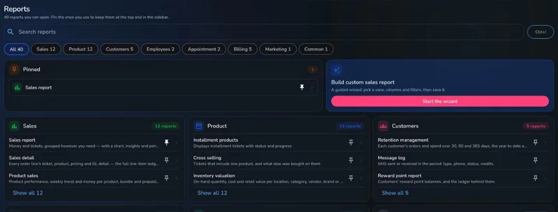 The Reports page: reports grouped by Sales, Product, Customers, Employees, Appointment and Billing