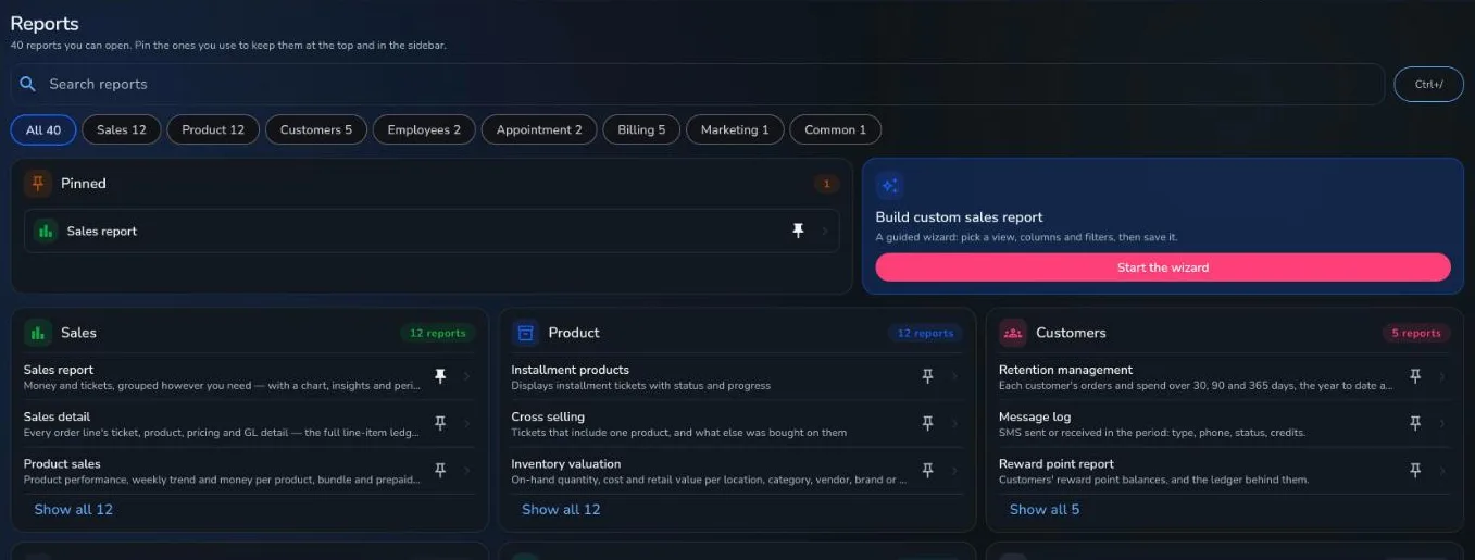 The Reports page: reports grouped by Sales, Product, Customers, Employees, Appointment and Billing