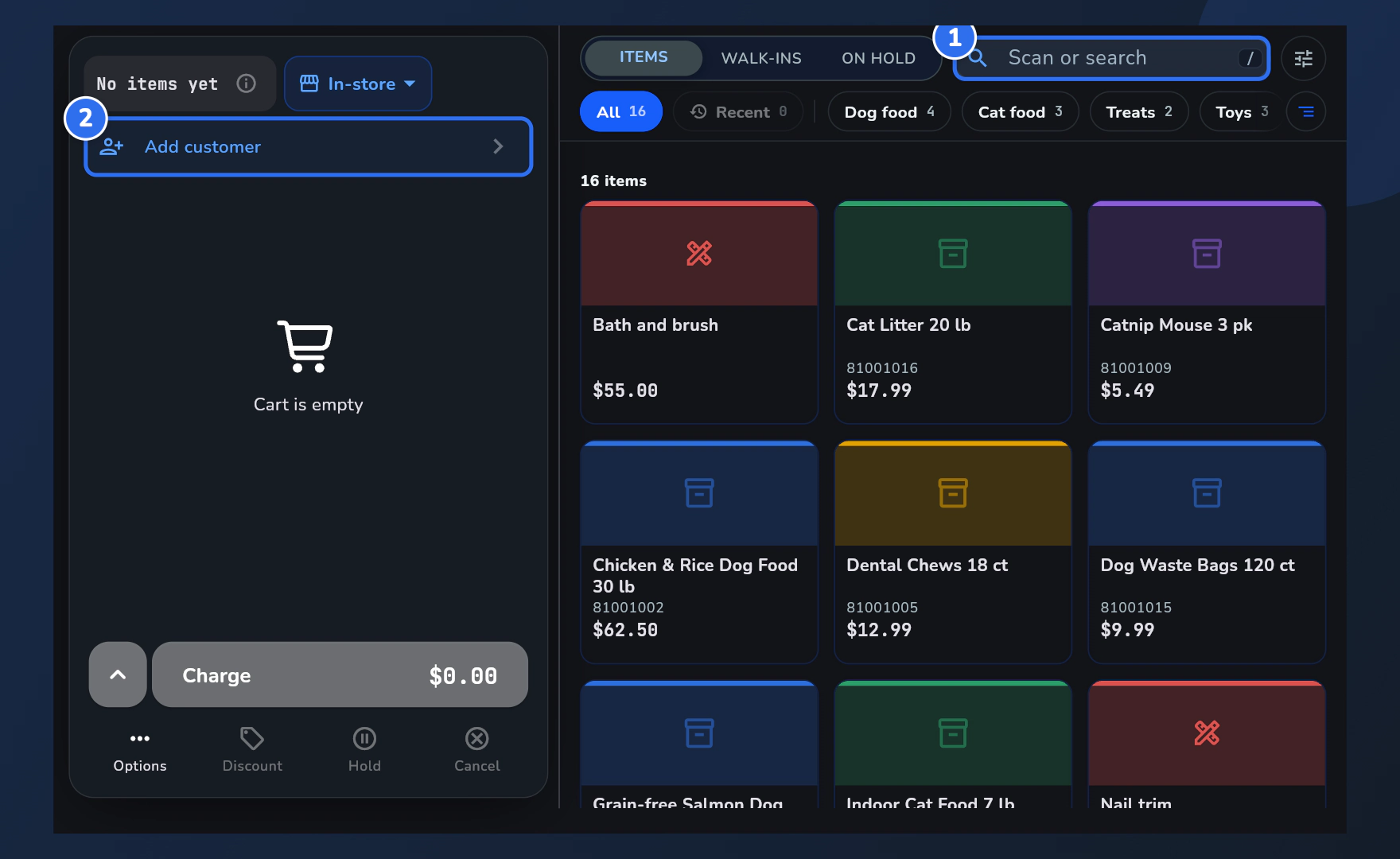 The Register with an empty ticket: the search box is marked 1 and the Add customer row is marked 2.