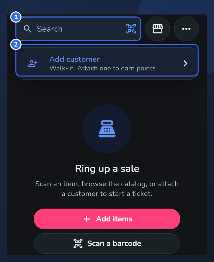 The phone Register with an empty ticket: the search box is marked 1 and the Add customer row is marked 2.