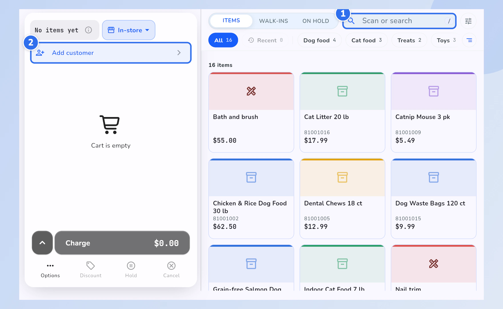 The Register with an empty ticket: the search box is marked 1 and the Add customer row is marked 2.
