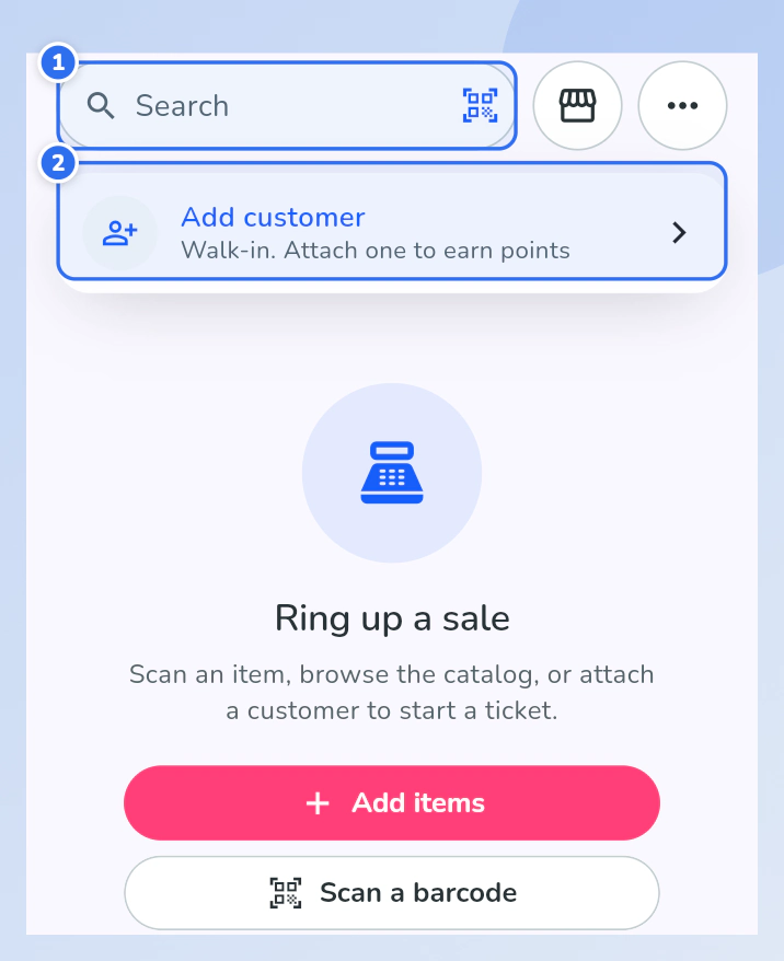 The phone Register with an empty ticket: the search box is marked 1 and the Add customer row is marked 2.