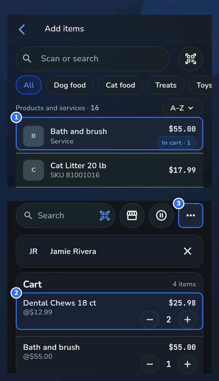 The phone Add items screen and the phone cart. An item is marked 1, a cart line is marked 2 and the options menu is marked 3.