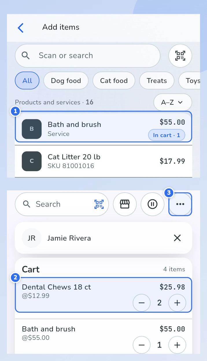The phone Add items screen and the phone cart. An item is marked 1, a cart line is marked 2 and the options menu is marked 3.
