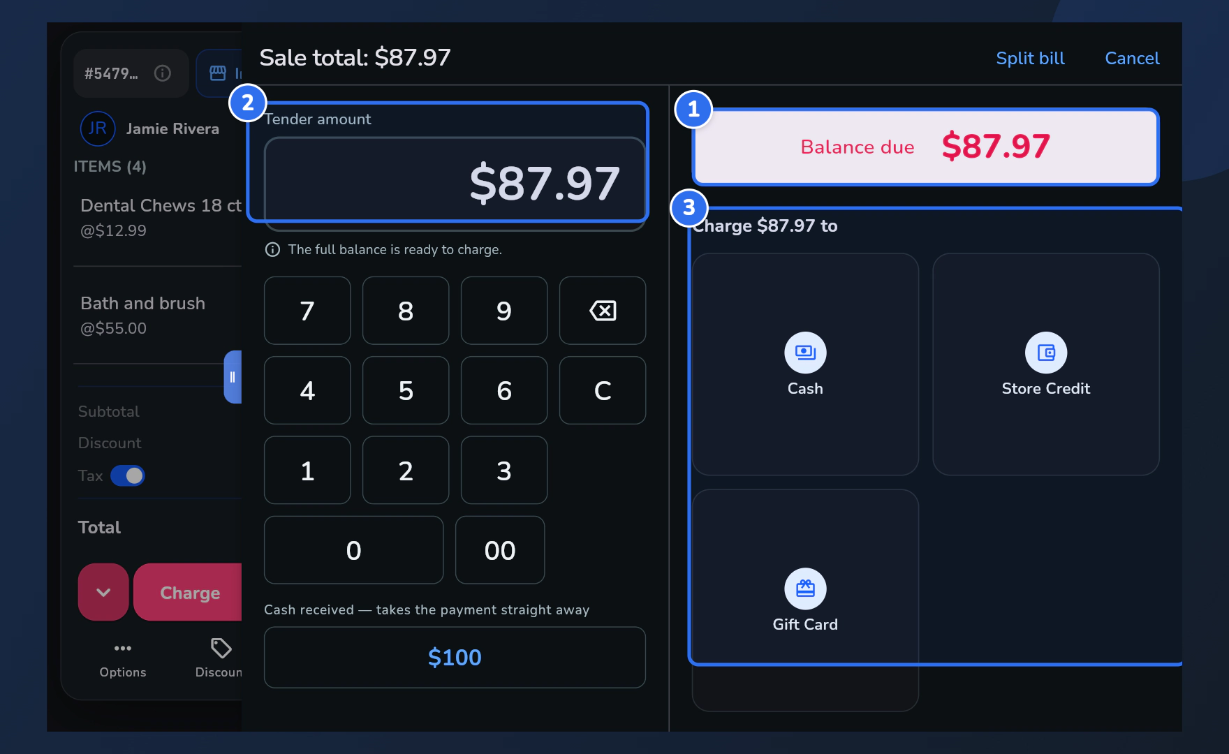 The Register payment screen. Balance due is marked 1, the Tender amount is marked 2 and the payment methods under Charge to are marked 3.