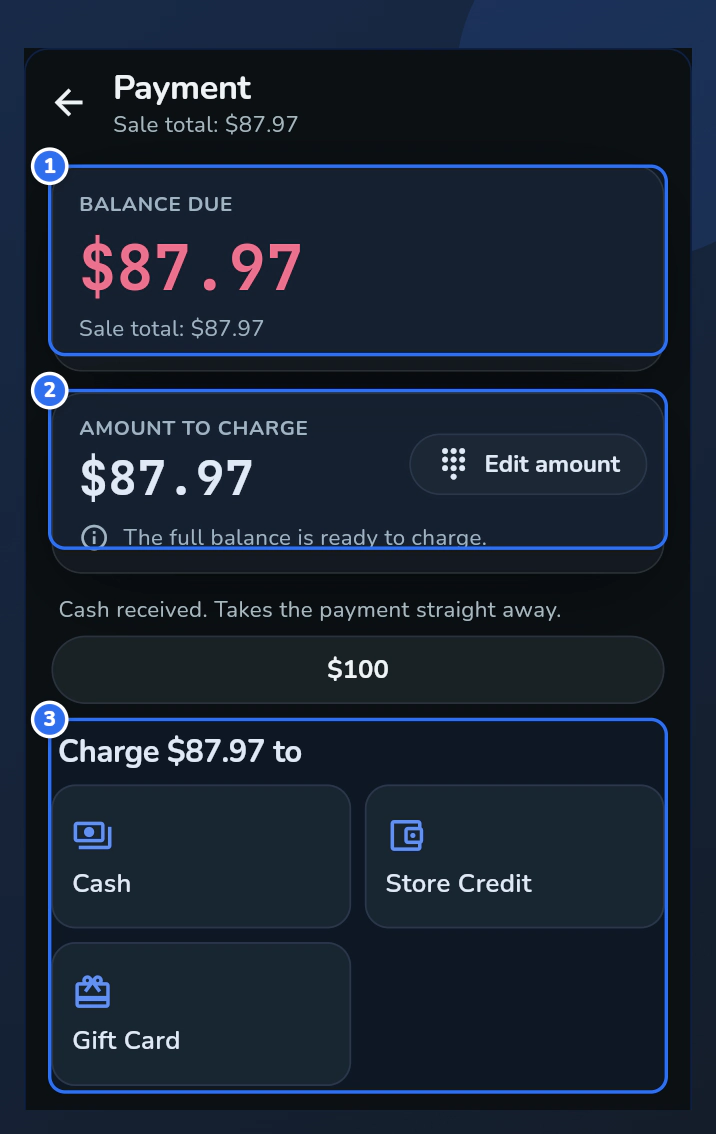 The phone payment screen. Balance due is marked 1, Amount to charge is marked 2 and the payment methods are marked 3.