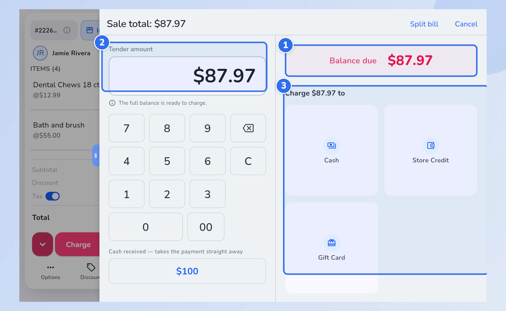 The Register payment screen. Balance due is marked 1, the Tender amount is marked 2 and the payment methods under Charge to are marked 3.