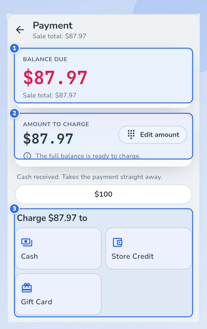 The phone payment screen. Balance due is marked 1, Amount to charge is marked 2 and the payment methods are marked 3.
