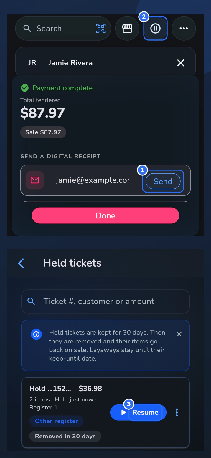 The phone receipt panel with Send marked 1 and the pause button marked 2, above the Held tickets page with Resume marked 3.