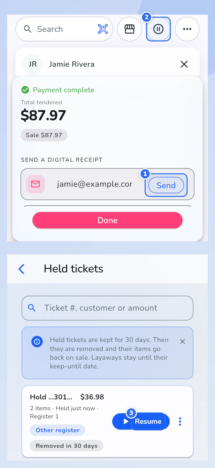 The phone receipt panel with Send marked 1 and the pause button marked 2, above the Held tickets page with Resume marked 3.