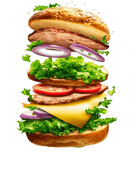 A stacked cheeseburger with its layers floating in the air