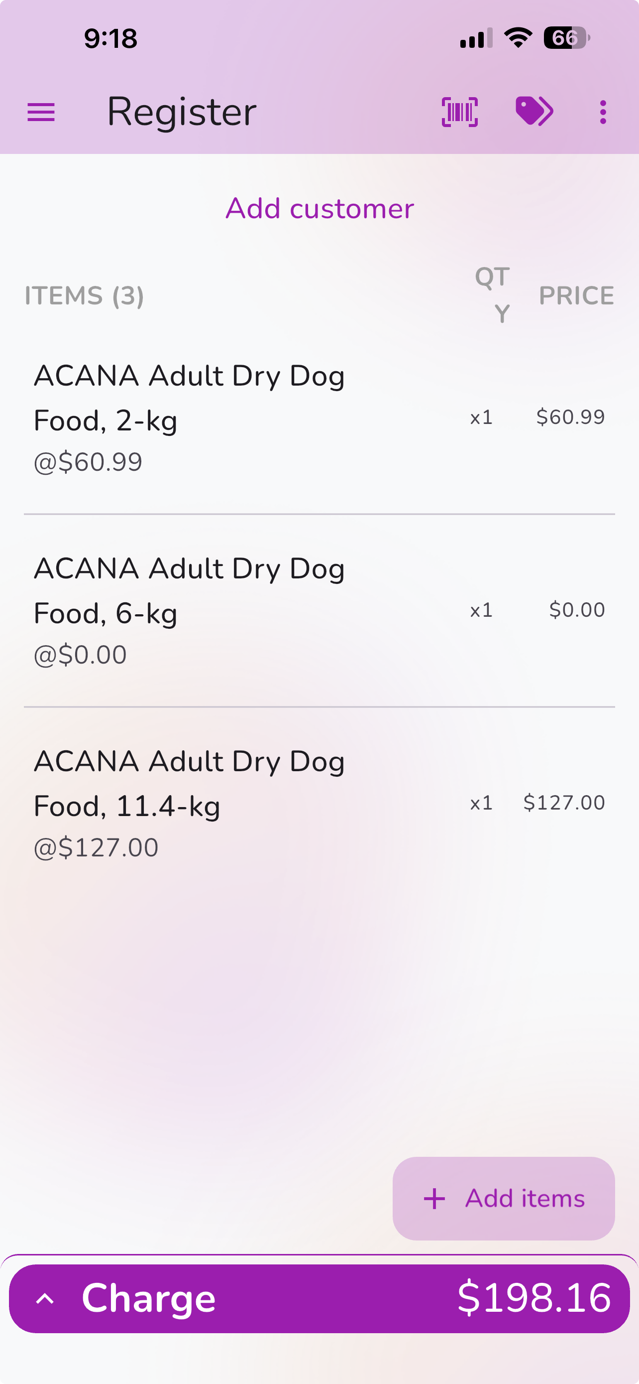 Franpos Pulse register screen with items and charge total